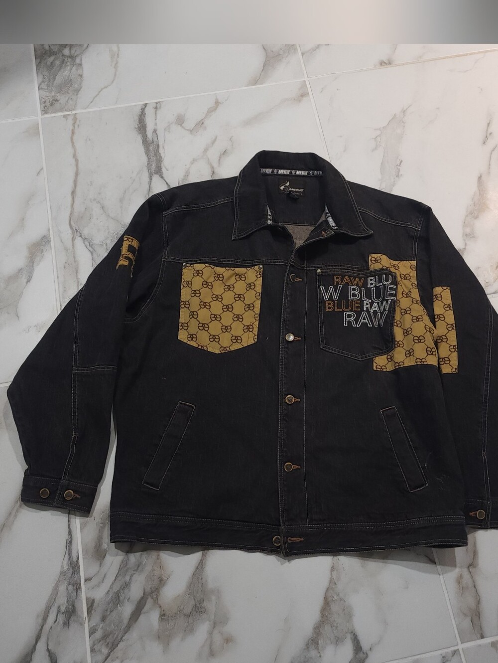 Raw Blue Men's Black Denim Jacket with Gold Pattern Panels